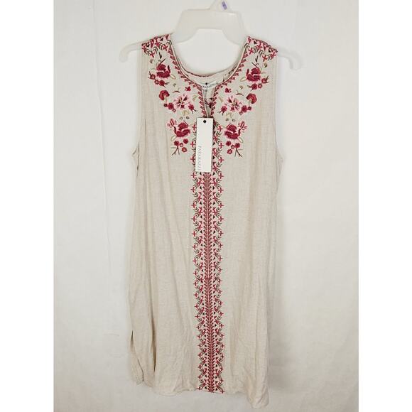 New Paparazzi tan floral embroidered linen sleeveless dress size M boho resort - Picture 1 of 8